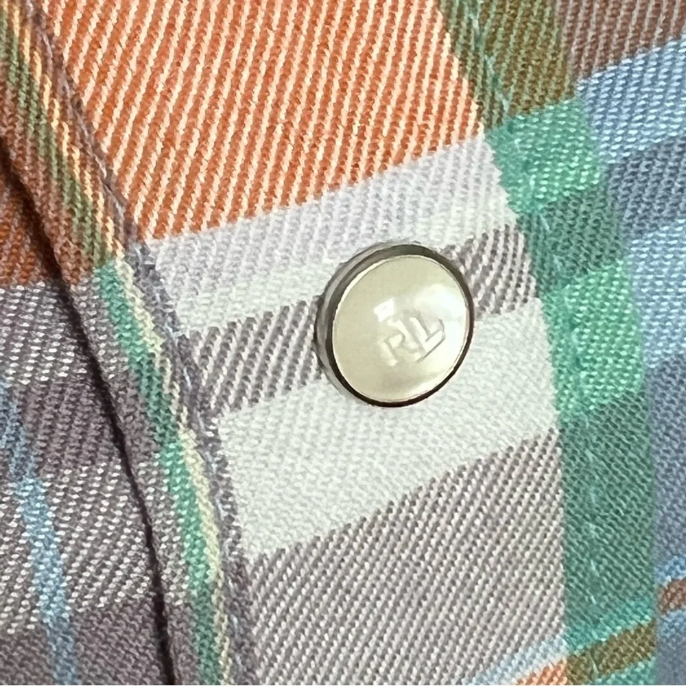 Ralph Lauren Plaid Western Pearl Snap Top Button Down Cotton Blouse Blue Small - Picture 8 of 13